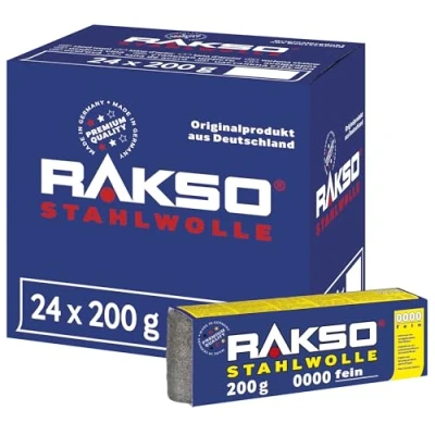 Abbildung von RAKSO Stahlwolle extrafein 0000 4,8 kg, 24 Banderolen à 200g, poliert gewachstes Holz, Kupfer, Messing, mattiert Oberflächen, säubert Glas
