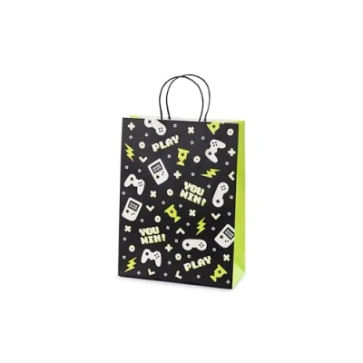 Abbildung von PartyDeco Geschenktüte Gaming mit Henkel 10x24x32cm Schwarze Gamer für Gamer, 32 cm Schwarz Weiß Gelb