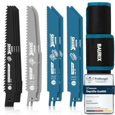 Abbildung von BAURIX® [LONG LIFE] Säbelsägeblätter, 10 Stück, Sägeblatt Säbelsäge für schnelle und saubere Schnitte, Säbelsägeblatt Set mit Tasche I Säbelsägeblätter Holz, Frischholz Metall