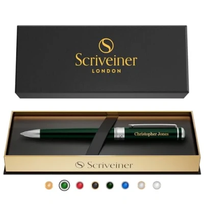 Abbildung von Scriveiner British Racing Green Personalisierter Stift Atemberaubender Grüner Lack Luxus Mit Chrom Finish, Schmidt Tintenmine, Beste Gravierte Kugelschreiber Geschenk Set, Individuelle Namensgravur