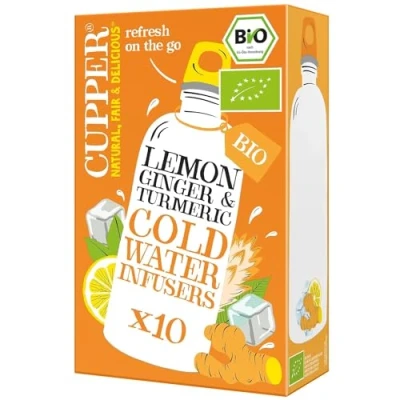 Abbildung von Cupper Bio Cold Water Infusers Lemon, Ginger &amp; Turmeric, Wasser mit Geschmack, Brew, Kalter Tee, 10 ungebleichte Teebeutel, umweltfreundlich, fair gehandelt