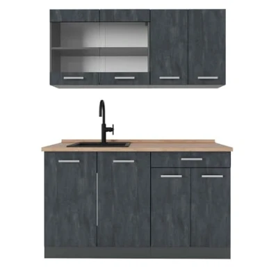 Abbildung von Vicco Singleküche R Line, Schwarz Beton/Anthrazit, 140 cm AP Eiche