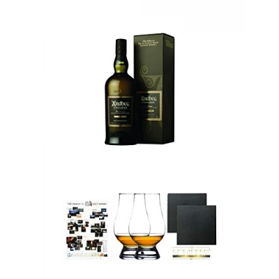Abbildung von Ardbeg Uigeadail Islay Single Malt Whisky 0,7 Liter + Poster The Making of DIN A1 Glencairn Glass Glas Stölzle 2 Stück Schiefer Glasuntersetzer eckig ca. 9,5 cm Ø