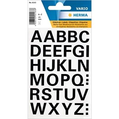 Abbildung von HERMA 4163 Buchstaben Aufkleber schwarz, 36 Stück, Schriftgröße 15 mm, selbstklebend, wetterfest, groß, Alphanet Sticker Klebebuchstaben A Z aus Folie zum Aufkleben, transparent