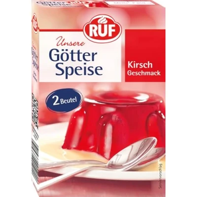 Abbildung von RUF Götterspeise Kirsch Geschmack, Wackelpudding, Pulver für rote Götterspeise, einfache Zubereitung, nur Wasser und Zucker hinzufügen