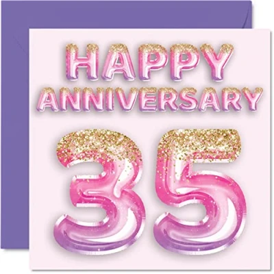 Abbildung von Stuff4 Hübsche Korallen Jubiläumskarte für Ehefrau, Freundin, Ehemann, Freund, rosa lila Glitzerballon Happy 35th Anniversary Cards from Family, 145 mm x Grußkarten zum 35. Jahrestag