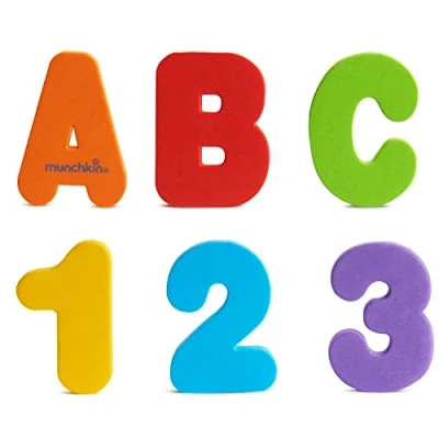 Abbildung von Munchkin Badebuchstaben und Zahlen aus Schaumstoff, haften auf Fliesen Porzellan, kreatives Badespielzeug für Kleinkinder, Set mit 26 schwimmenden Buchstaben