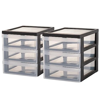 Abbildung von Iris Ohyama Schreibtisch Schubladen Set, 3 flache Schubladen, 2er Pack, Schwarz, Leicht zu öffnende A5, Transparent, für Home Office, Dokumente, Zubehör, Akten, Papier, BPA frei, DC A5