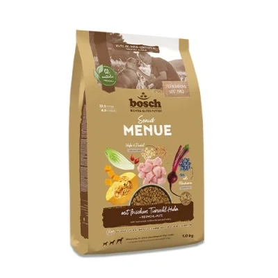 Abbildung von Bosch HPC MENUE Senior mit Tierwohl Huhn + Dinkel &amp; Hafer Hundetrockenfutter für ältere Hunde Aller Rassen 1 x 2,4 kg