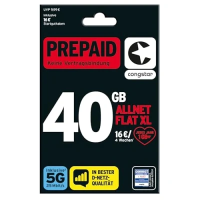 Abbildung von congstar Prepaid ALLNET XL 25 GB im D Netz mit 5G (25 Mbit/s), 16  Startguthaben, Telefon &amp; SMS Flat in alle dt. Netze, EU Roaming inkl., jedes Jahr 1 GB mtl. mehr, ohne Vertrag.