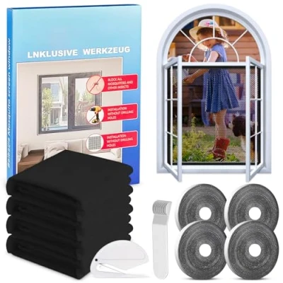 Abbildung von 4 Stück Fliegengitter Fenster, Fenster ohne bohren,Insektenschutz selbstklebend,Fliegennetz Fenster,Moskitonetz Für die meisten Fenster,150x180cm