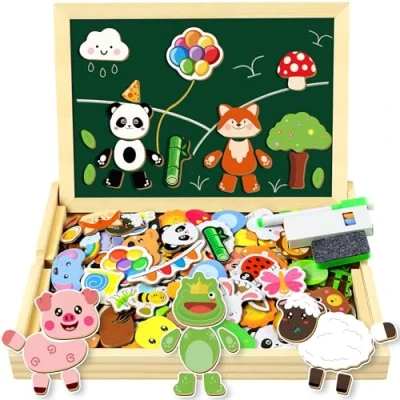 Abbildung von COOLJOY Magnetspiel Spielzeug ab 3 Jahre, Magnettafel Kinder Kinderspielzeug Holzpuzzles mit Doppelseitiger Tafel, 2 Jahre Mädchen und Jungen