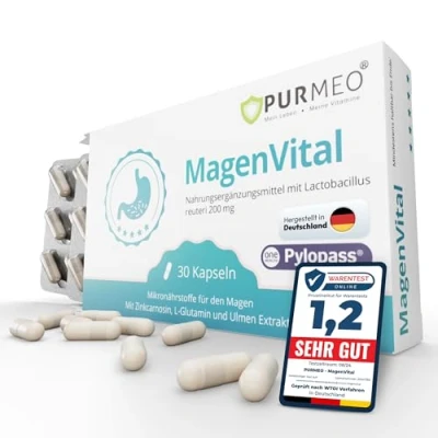 Abbildung von PURMEO® MagenVital Das Original 200mg Pylopass®, 30 Kapseln Magen, Darm, Lactobacillus reuteri, entspricht 20 Mrd. KBE pro Tagesdosis, hochdosiert, VEGAN, LAKTOSEFREI, glutenfrei.