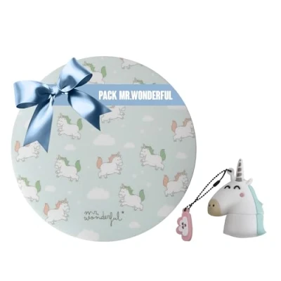 Abbildung von WONDEE Mr Wonderful Geschenkset, Einhorn Pendrive, Original, USB, 32 GB + Mauspad für Kinder, rund, rutschfest, originelle Geschenke Frauen und Mädchen