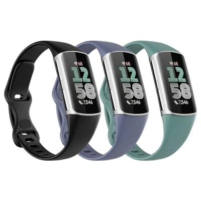 Abbildung von Astorgos 3 Stück Uhrenarmbänder Kompatibel mit fitbit charge 6/fitbit 5, Weich TPE Verstellbar Armband Schlank Dünn Atmungsaktiv Ersatzarmband, Schwarz/Tannen Grün/Blau Grau
