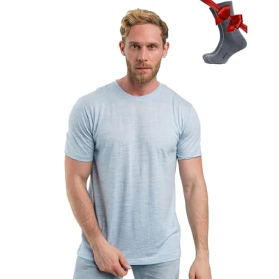 Abbildung von Merino.tech Merinowolle T Shirt Herren 100% Bio Unterhemd Leichte Basisschicht + Wanderwollsocken (Arctic Blue, Medium)