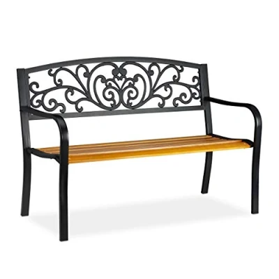 Abbildung von Relaxdays Gartenbank, 2 Sitzer, Balkon, Terrasse, Holz, Metall, rustikale Parkbank, HxBxT: 86,5x127x59 cm, braun/schwarz