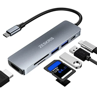 Abbildung von ZESKRIS USB C Hub, MacBook Adapter, 6 in 1 Hub Multiport Adapter mit 2 3.0 SD/Micro SD Kartenleser, 4K HDMI 100 W PD, für Air/Pro und andere Typ Geräte