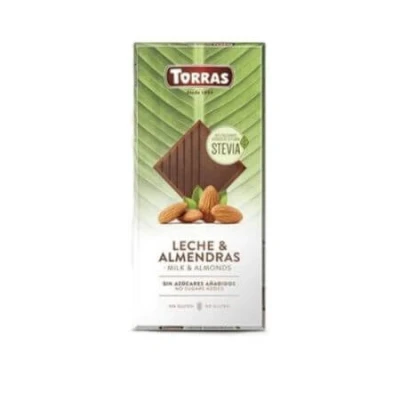 Abbildung von Torras Stevia Schokolade, Schokolade ohne Zuckerzusatz, Vollmilchschokolade mit Mandeln, Tafel (100g)