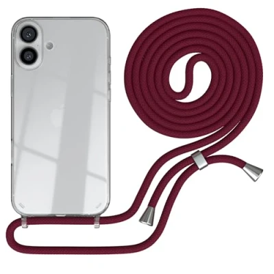 Abbildung von EAZY CASE Handykette kompatibel mit iPhone 16 Plus Handyhülle Umhängeband, Handykordel Schutzhülle, Silikonhülle, Hülle Band, Stylische Kette für Smartphone, Burgunder Rot