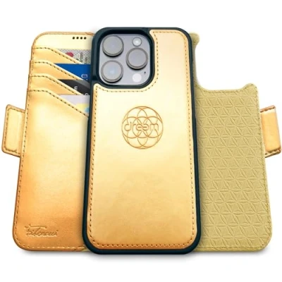 Abbildung von Dreem Fibonacci kompatibel mit iPhone 15 Pro Max Brieftaschen Etui / 2 in 1 stoßfestes und abnehmbares Folio aus veganem Leder, MagSafe kompatibel, RFID Schutz [Gold]