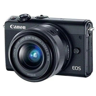 Abbildung von Canon EOS M100 SLR Digitalkamera mit Objektiv (24,2 MP, Dual Pixel CMOS AF, DIGIC 7, Full HD, Touchscreen, WIFI, Bluetooth, 7,5 cm, klappbares Display) Kamera, schwarz