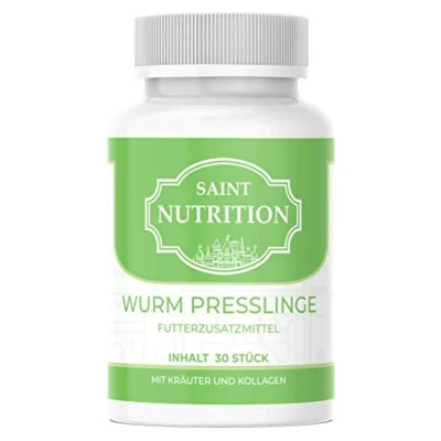 Abbildung von Saint Nutrition® Entwurmungs Presslinge Wurmkur für Tiere wie Katzen, Hunde, Kaninchen und Geflügel vor, während nach Befall natürliches Mittel Magen &amp; Darm bei WURMBEFALL