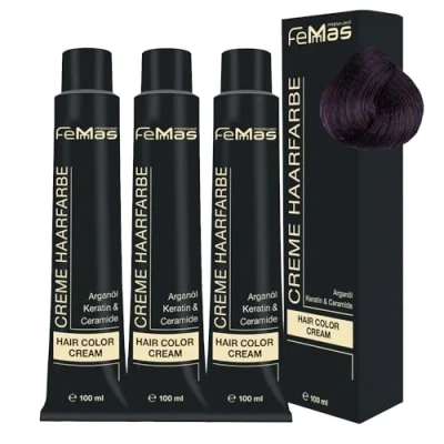 Abbildung von FemMas Haarfarbe 3x Mittelbraun Violett 4.2 I Professionelle Creme mit Arganöl, Keratin &amp; Ceramiden Als dauerhafte Haarfärbung oder Tönung für strahlende, haltbare Farbergebnisse 100 ml