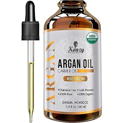 Abbildung von Kanzy Arganöl Haare Bio Kaltgepresst 100% Rein für Gesicht, Haut und Körper, Anti Aging Vegan Argan oil of Marokko im Lichtschutz Recycelbare Glasflasche (100ml, Argan)