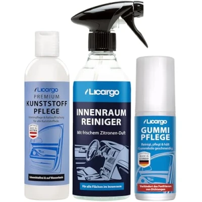 Abbildung von Licargo Auto Pflege Set Komplett Innenraumreiniger (500ml), Gummipflege Stift (75ml) &amp; Kunststoffpflege (250ml) Porentiefe Reinigung und für Innenraum, Cockpit, Polster, Leder Kunststoff