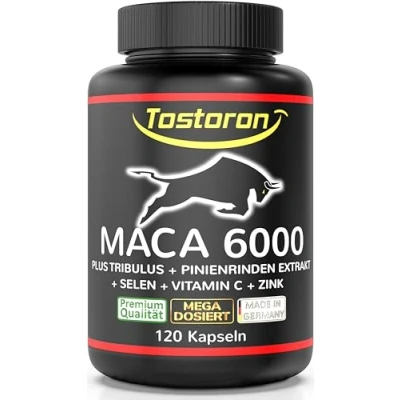 Abbildung von Tostoron MACA 6000 extra stark + HOCHDOSIERT 120 Kapseln: Tribulus, Pinienrinden Extrakt 100:1, Vitamin C, Selen, Zink für Testosteron¹, 1 Dose=1x100g