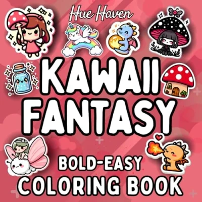 Abbildung von Kawaii Fantasy: Easy and Bold Coloring Book for Kids Adults Simple Stress Relief Designs of Cute Fantasy Creatures Fairies, Dragons, Unicorns More.