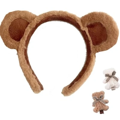 Abbildung von Teddybär Ohren Stirnband, 1/2/4 Stück flauschige braune Ohren, Stirnbänder für Erwachsene und Kinder, mit 2 Bären Clips (Braun)