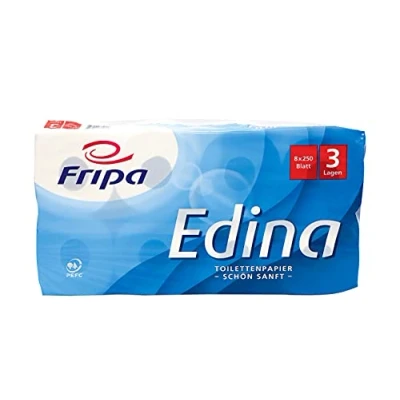 Abbildung von Fripa Toilettenpapier Edina, 3 lagig, hochweiß, 1010810, 4000883091351, 1 Packung = 8 Rollen à 250 Blatt