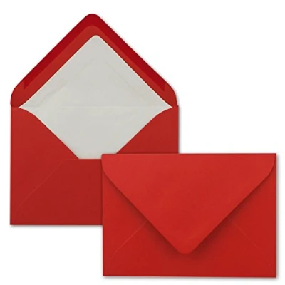 Abbildung von 50 Briefumschläge in Rot mit weißem Innenfutter Kuverts DIN B6 Format 12,5 x 17,6 cm Seidenfutter Nassklebung