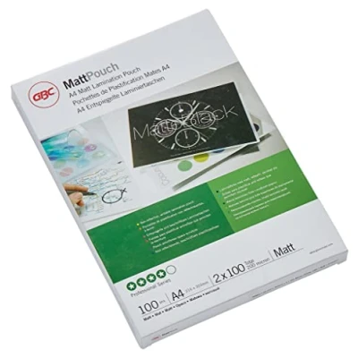Abbildung von GBC Laminierfolien A4 Matt 100 mic, Beschriftbare Oberfläche, Robuste Laminiertaschen im 100er Pack, Glänzend, Transparent, Ideal für Büro &amp; Schule, 3740491