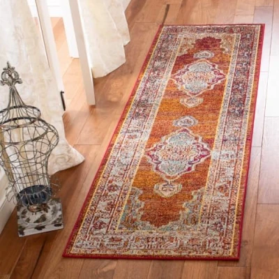 Abbildung von SAFAVIEH Boho Teppich für Wohnzimmer, Esszimmer, Schlafzimmer Crystal Collection, Kurzer Flor, Orange und Hellblau, 66 X 213 cm