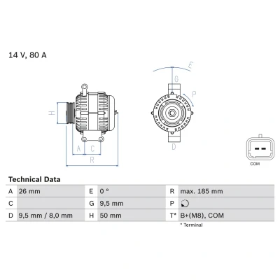 Abbildung von BOSCH 0 986 082 880 Lichtmaschine 14V 80A PEUGEOT: 207 Schrägheck, SW, 308 I CITROËN: C4 DS3 Berlingo II