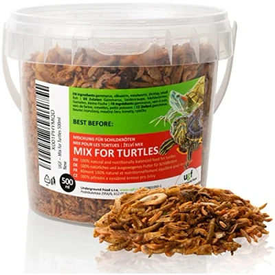 Abbildung von UGF Universal Schildkröten Futter Mix, 500 Milliliter Eimer ≈ 90g, Ausgewogenes Schildkrötenfutter, Gammarus, Seidenraupen, Mehlwürmer, Garnelen und getrockneter Fisch, Wasserschildkröten
