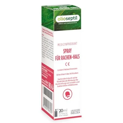 Abbildung von OLIOSEPTIL Spray für Rachen Hals Medizinprodukt Ideal bei Halsschmerzen den ersten Krankheitsanzeichen Ohne Treibgas 20 ml Mundspray