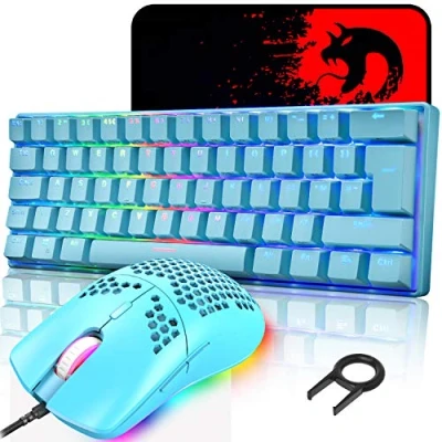 Abbildung von MK21 Gaming Tastatur und Maus Set, RGB 60% Mechanische Tastatur, 62 Tasten Wired Beleuchtung UK Layout + 6400 DPI Ultraleicht Mauspad für PS4, Xbox, PC Blau/Blue Switch