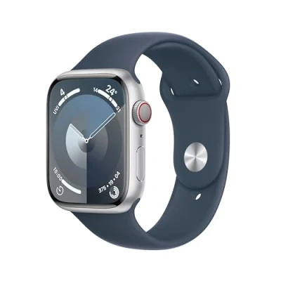 Abbildung von Apple Watch Series 9 4G 45 mm Silber Aluminium Sportarmband Blau M/L