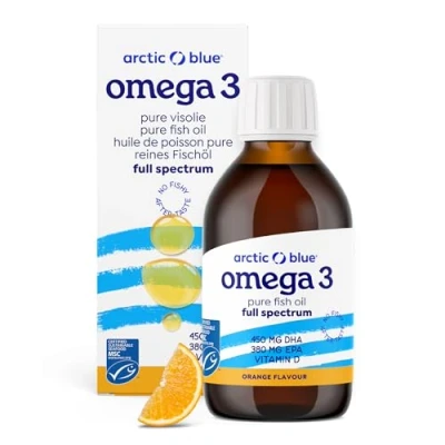 Abbildung von Arctic Blue Omega 3 Fischöl 150 ml flüssig MSC Zertifiziert hochdosiert mit DHA, EPA und Vitamin D ohne Aufstoßen oder Fischgeruch arktisches Orangengeschmack