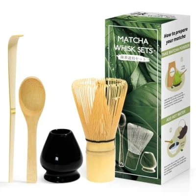 Abbildung von 4 Stück Matcha japanisches Zeremonienset, MatchaBesen aus Naturbambus, Löffel Bambus, Schaufel Quirlhalter, Zubehör für die Teezeremonie, das Getränk Glänzendes Schwarz