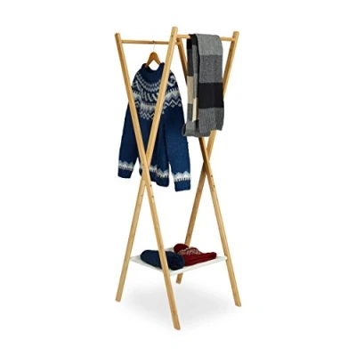 Abbildung von Relaxdays Kleiderständer klappbar, Bambus Holz, platzsparend, Ablage, 2 Kleiderstangen, HxBxT 156 x 50 cm, natu