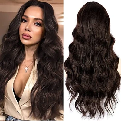 Abbildung von PORSMEER Perücke Damen Dunkelbraun Lang locken Gewellt Natürliche Synthetische Haar Wig Perücken für Frauen/Mädchen alltagstauglich Cosplay Kostüm Fasching Party