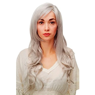 Abbildung von WIG ME UP 9204S 51 Perücke mit weiß grau gemischten, langen, wunderschön gelockten/welligen Haaren, Pony und Seitenscheitel, ca. 70cm