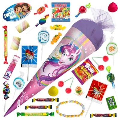 Abbildung von OYOY 35cm Schultüte gefüllt mit Süßigkeiten Mix I ROTH Einhorn kleine fertig Geschwister Zuckertüte klein Einschulung Geschenk