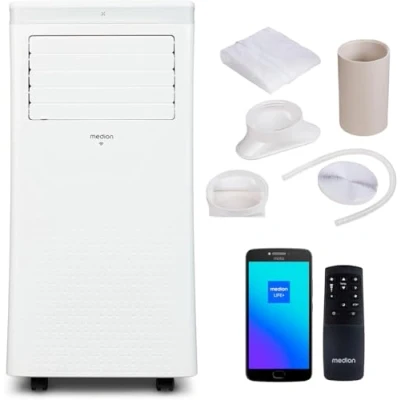 Abbildung von MEDION Smarte Mobile Klimaanlage mit Abluftschlauch P1002 (10000 BTU, mobil, inkl. Fensterabdichtung, bis 34m², 3in1 Kühlen Entfeuchten Ventilieren, App und Sprachsteuerung, Schlafmodus, MD 37733)