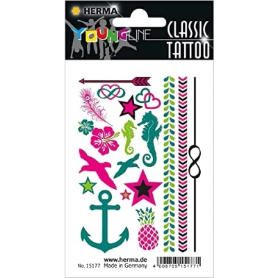 Abbildung von HERMA 15177 Temporäre Tattoos Anker, 19 Stück, Klebetattoos zum Aufkleben, Fake Aufkleber mit Sommer Sterne Ananas Herzen Motiv, Kindertattoos Sticker für Fasching Karneval Kinder Erwachsene